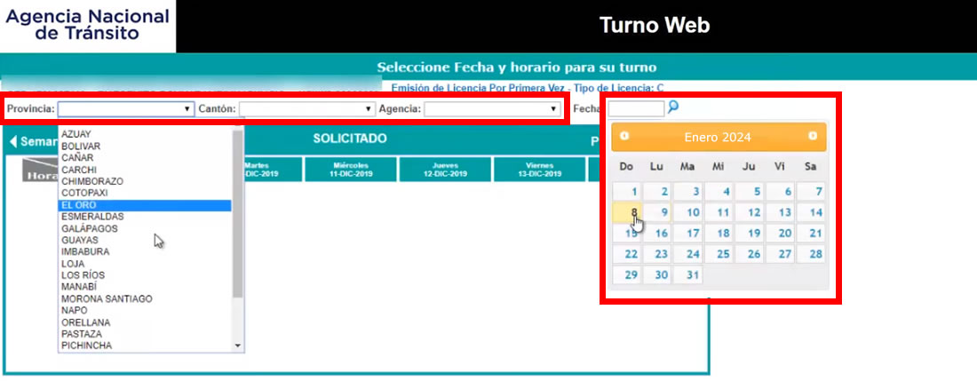 Elegir Provincia, Canton y fecha