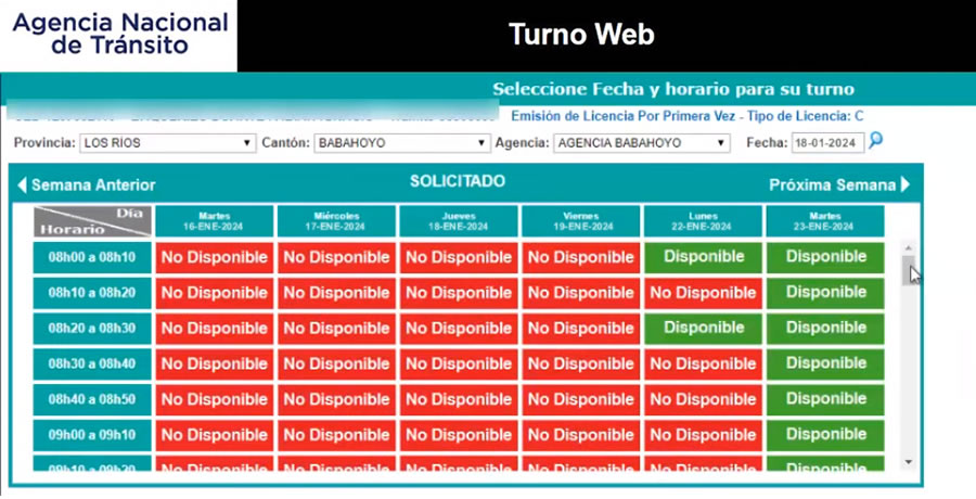 Elegir fecha disponible para turno de licencia de conducir ecuador